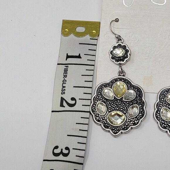 Jessica Simpson Silver Tone Rhinestone Medallion Dangle Earrings Pierced Hook - Picture 4 of 5
